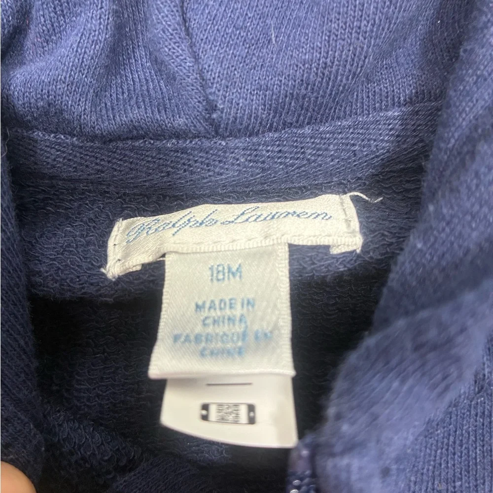 Ralph Lauren Baby Hoodie 18M Navy Blue Teddy Bear‎ Zip Sweatshirt Jacket Cotton
